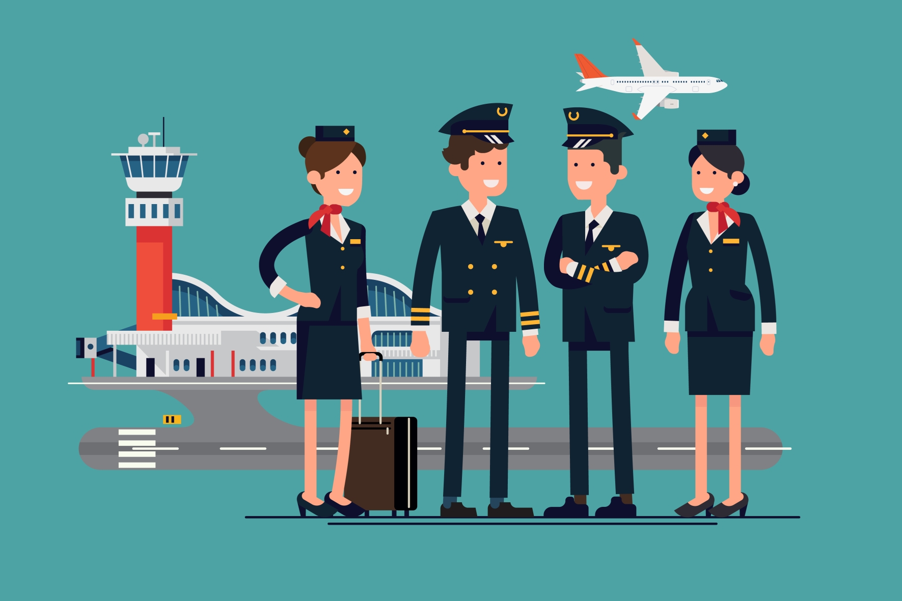 Group of pilots and flight attendants talking at an airport